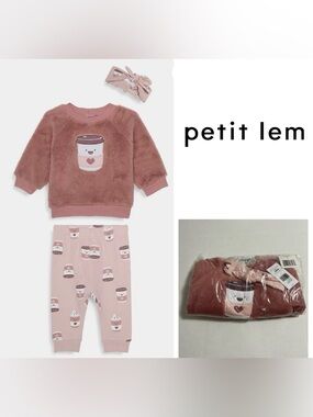 🆕PETIT LEM - 12M - NWT - INFANT GIRLS 3PC PINK COFFEE / LATTE OUTFIT SET